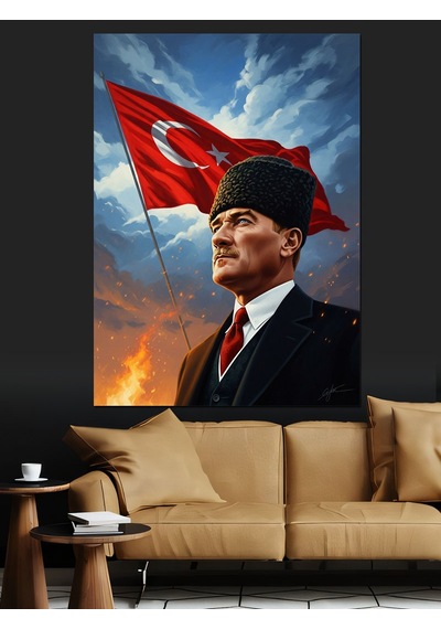 Bayraklı Ve Şık Mustafa Kemal Atatürk Dekoratif Kanvas - Mdf Ahşap Tablo