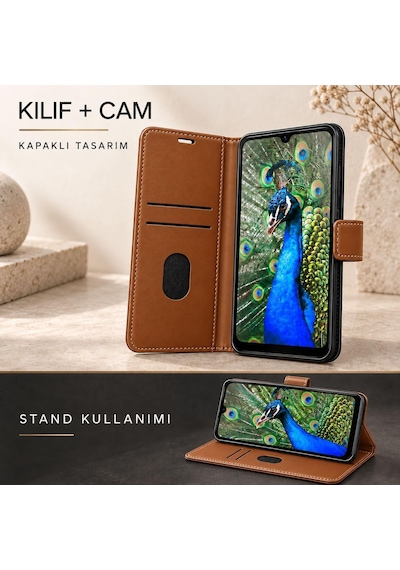 Tr Vivo Y20 İle Uyumlu Cüzdanlı Kartlıklı Standlı Kapaklı Suni Deri Telefon Kılıfı Ve Ekran Koruyucu Cam Seti