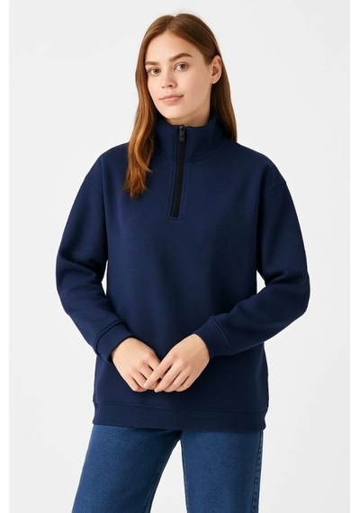Valensdesign Üç İplik Dık Yaka Yarım Fermuarlı Sweatshirt - Lacivert
