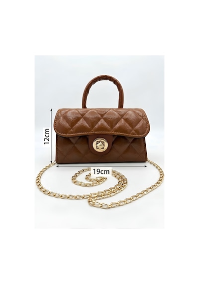 Satuna Parlak Kapitone Mini Çanta Astar Detaylı Zincir Askılı Kadın El Ve Omuz Çantası 19x12 Cm Taba