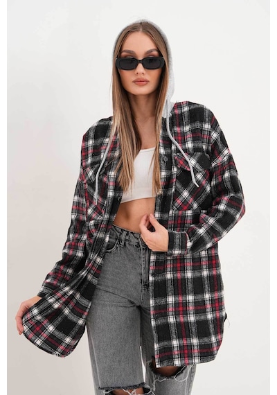 Polologin Butik Kadın Siyah Kırmızı Beyaz Çizgi Detaylı Kapşonlu Gömlek Kırmızı