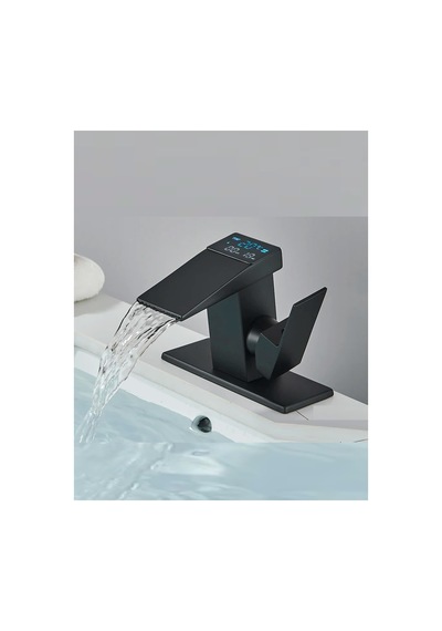 Rena Design Dijital Sıcaklık Göstergeli Siyah Kare Lavabo Bataryası Musluğu Çiftgirişli Armatür Sayaç Ekranlı