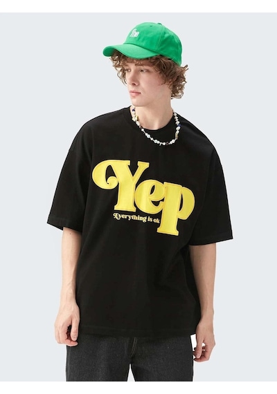 Erkek Siyah Oversize Yep Baskılı T-shirt Siyah