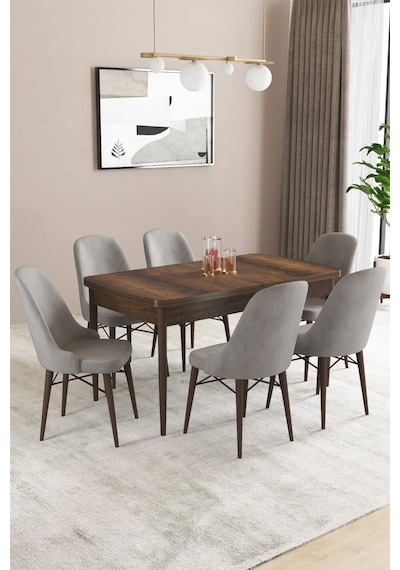 Sar Pakete Almira Serisi, Barok Ahşap Desen 80x132 Açılabilir Mdf Mutfak Masası Takımı 6 Adet Sandalye Gri Sar Pakete Almira Serisi, Barok Ahşap Desen 80x132 Açılabilir Mdf Mutfak Masası Takımı 6 Adet Sandalye Gri