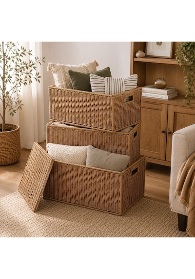 Rattan 3'lü Kapaklı Sandık Seti Hasır Saklama Kutusu Büyük Orta Küçük Boy Dekoratif Organizer Sepet Diğer