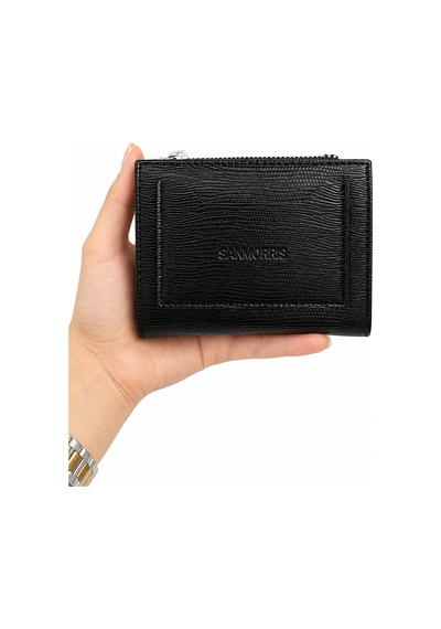 Sanmorris Unisex Fermuarlı Kartlık Çok Gözlü Kompakt Cüzdan S-2006 Lezard Siyah Lezard