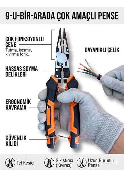 Tr Karga Burnu Çok Amaçlı Pense, 215 Mm, Uzun Burunlu, Çift Renkli Sap Genel