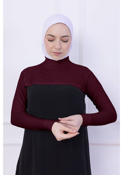 Loggia Balıkçı Yaka Boyunluklu Kolluk Bordo - Likralı Dik Yakalı Kadın Body Tesettür Crop Bolero Bordo