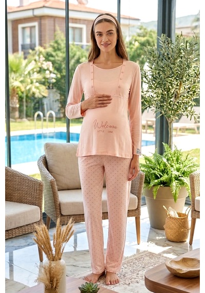 Remsa Hamile Kadın Modal Kumaş Uzun Kol Lohusa Pijama Takımı 3322 Pudra