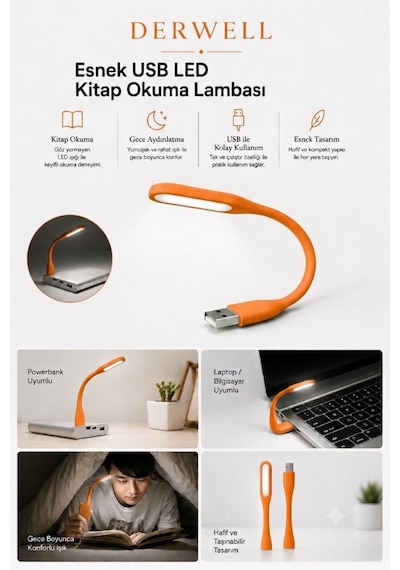 Esnek Usb Led Kitap Okuma Lambası Taşınabilir Mini Masa Üstü Gece Lambası Laptop Bilgisayar Uyumlu Bükülebilir Göz Yormayan Aydınlatma Işığı Şarjlı Powerbank Uyumlu Pratik Kitap Okuma Işığı