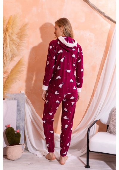 Nisanca Kapüşonlu Kışlık Kadın Peluş Polar Pijama Takımı - Yeni Yıl Pijaması Mürdüm