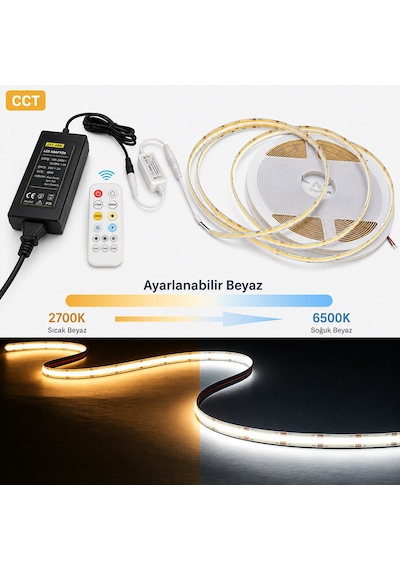 Cob Cct Led Şerit Seti 24v 10 Metre 576 Led/m Rf Kumandalı 2700k-6500k Ayarlanabilir Beyaz 48w Adaptör Dahil 8mm Ip20