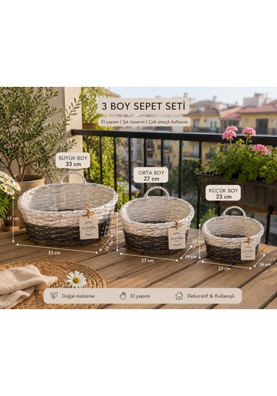 Home 3'lü Hasır Sepet Seti Dekoratif Duvar Sepeti Ve Saksılık 3 Boy