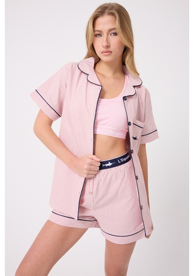 Lespadon Marısılk Seastrıpe Kadın Yazlık Şortlu Uzun Gömlekli Pijama & Lounge Takımı -3182 Pudra