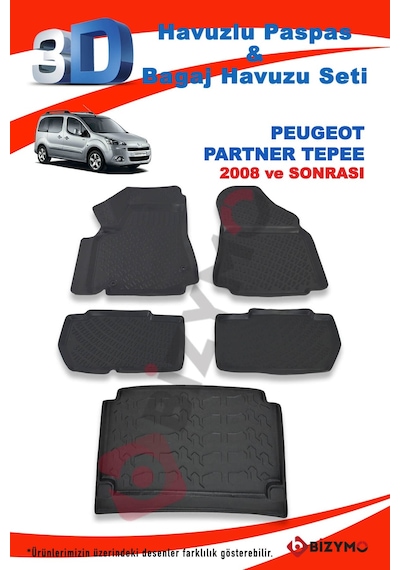 Peugeot Partner Tepee 2008 ve Sonrası Paspas ve Bagaj Havuzu Seti Siyah
