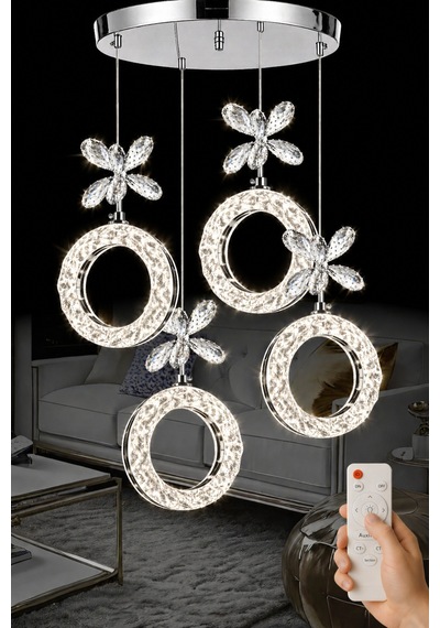 Medusa Model 4 Lü Krom Kaplama 3 Renk Kumandalı Salon Mutfak Oturma Yatak Odası Modern Led Avize