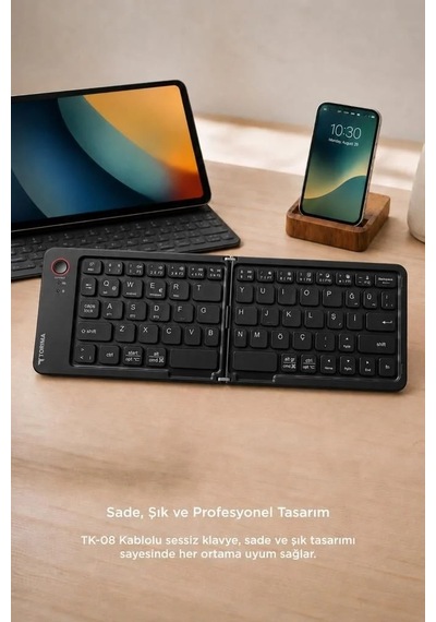 Aksesuar Seyahat Kablosuz Klavye Bluetooth Katlanabilir Şarjlı Mini Klavye Tk08 Siyah