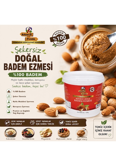 Adress Fındık Şekersiz Doğal Badem Ezmesi 1 KG