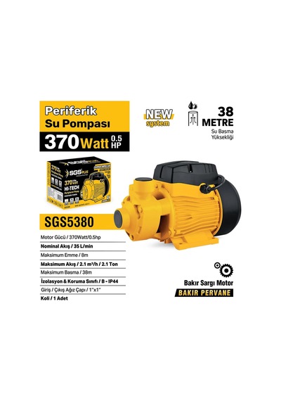 Sgs5380 Periferik Su Pompası 370 Watt 0.5 Hp 38 Metre Bakır Sargı