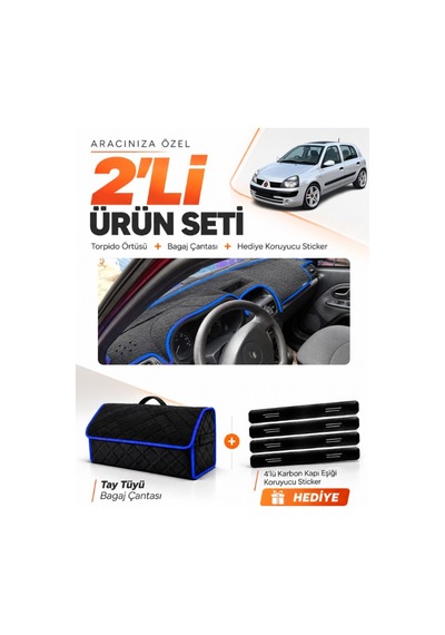 Renault Clio 2 Üst Çukurlu 2003-2006 Uyumlu Torpido Örtüsü + Tay Tüyü Çanta Seti - Siyah Mavi
