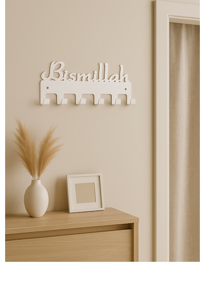Lunoart Bismillah Yazılı Metal Anahtarlık Askılığı Siyah 6 Askılı Modern Duvar Dekoru Beyaz