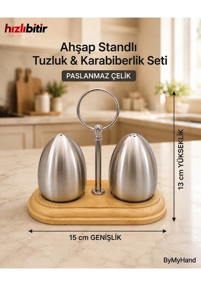 Bymyhand Çelik Ahşap Stantlı Ev Lokanta Ve Restoran İçin Tuzluk Ve Karabiberlik 2'li Set Metalik Gri