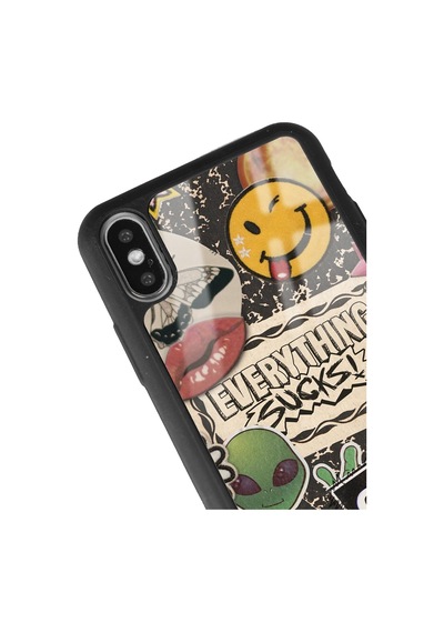 Apple Uyumlu iPhone X - Xs Retro Sticker Tasarımlı Glossy Telefon Kılıfı Çok Renkli
