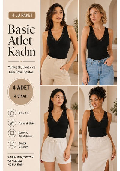 Loule Kadın 4'lü V Yaka Dantel Detaylı Atlet Siyah Modal Pamuk