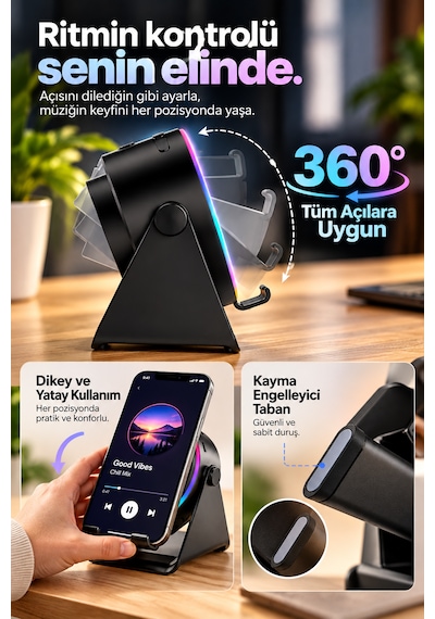 Soundpad Indüksiyon Bluetooth Hoparlör 5w Rgb Işıklı Telefon Standlı Bluetooth 5.3 Type-c Şarjlı 5in1