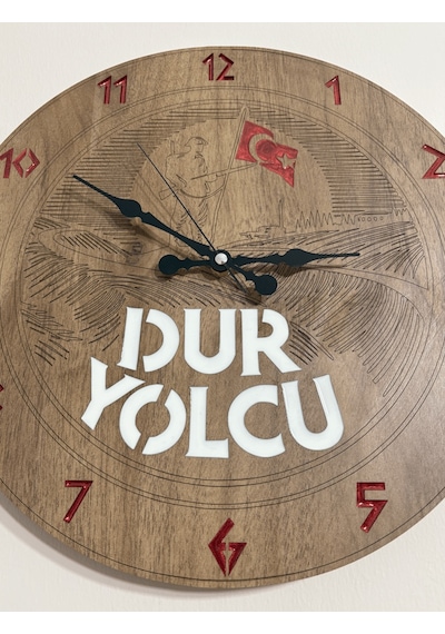 Ahşap Desen Duvar Saati - Dur Yolcu, Çanakkale Geçilmez - Epoksi Reçine Kaplamalı - 40 Cm Ahşap
