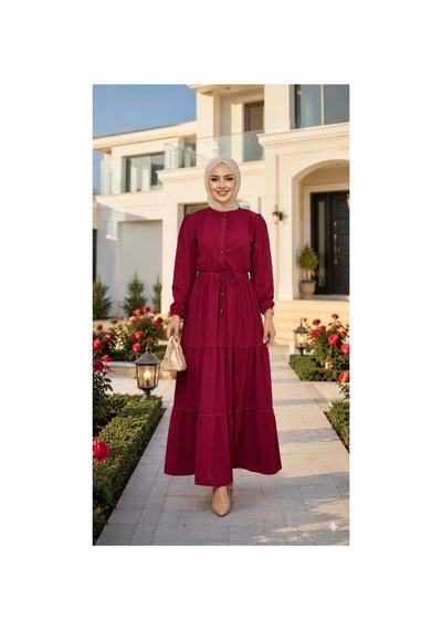 Hb Harma Time Butik Kadın Dantel Detaylı Beli Bağcıklı Ayrobin Bordo Elbise Bordo Bordo