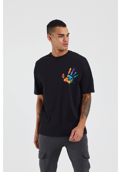 Thewert Unisex Renkli El Baskılı Siyah Oversize Tshirt