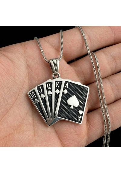 925 Ayar Gümüş Royal Flush İskambil Şans Oyun Erkek Kolye