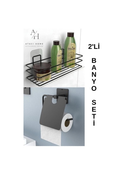Atacı Yapışkanlı 2li Banyo Düzenleyici Banyo Aksesuarı Banyo Rafı Kapaklı Tuvalet Kağıdı Tutacağı Siyah