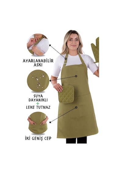 Simple 3lü Set Ayar Askılı Mutfak Önlüğü Seti Eldiven, Tutacak Fıstık Yeşili