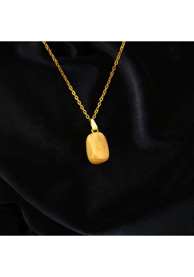 Doğal Turuncu Ay Taşı Oval Gold Kulp Detaylı Çelik Zincirli Kolye