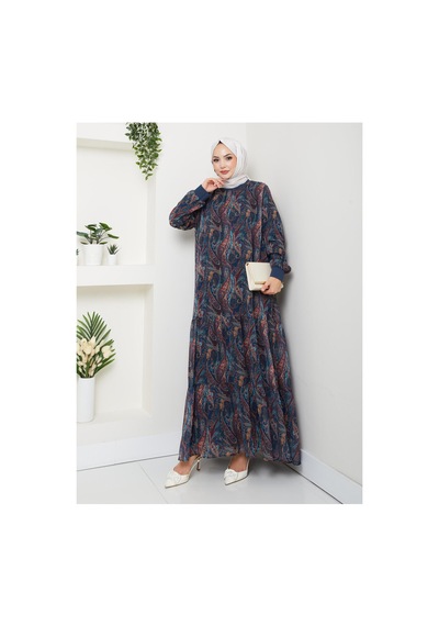 Hb Harma Time Butik Kadın Astarlı Lacivert Şifon Şal Desen Elbise Lacivert Lacivert
