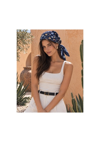 Tarzını Seç Lacivert Kır Çiçekleri Desenli Dantel Oya Kesim Fular / Bandana 70 X 70 Cm