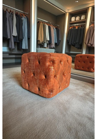 Küp Puf - Best İthal Kadife Babyface Kumaş Varak Baskı - Modern Ve Şık Dekoratif Puf&bench Kiremit