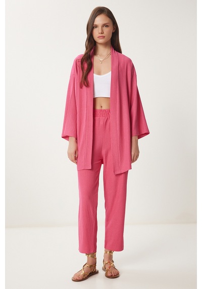 Happiness İstanbul Kadın Koyu Pembe Kimono Pantolon Örme Takımı By00050 Koyu Pembe