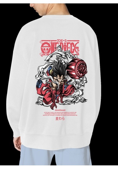 Unisex Beyaz Snakeman Baskılı Hoodie Oversize Kapşonsuz Sweatshirt Beyaz