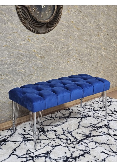 Zafir Krom Tel Ayaklı 90 Cm Puf Bench - Puf - Bench - Kasalı Oturak - Oturak - Yatak Ucu Puf Mavi