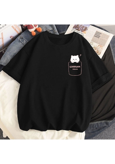Flood Of Style Kadın Siyah Good Luck Baskılı Oversize