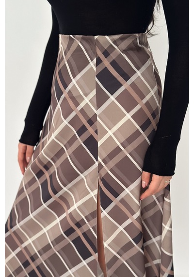 Kadın Yırtmaç Detaylı Ekose Uzun Etek Slit Plaid Kahverengi