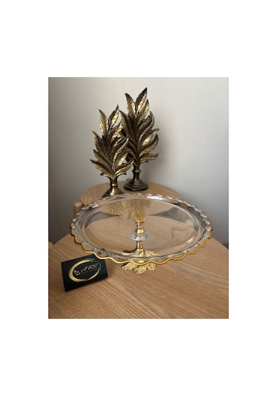 Paşabahçe Yuvarlak Şekilli Gold Yaldızlı Metal Ayaklı Dekoratif Sunumluk Modern Tabak Cam Stand Çok Renkli