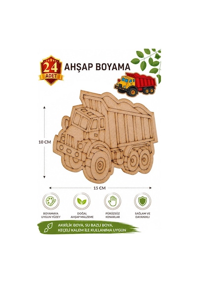 Ahşap Boyama Kamyon 24 Adet 10x15cm Araba Boyama Figürü Etkinlik Çoçuk Gelişim Motor Beceri Kreş Anasınıfı