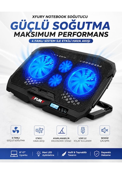 Fury E-sport Laptop Soğutucu 4 Fanlı Lcd Kontrol Panel Ayarlanabilir Dizüstü Bilgisayar Soğutma Fanı
