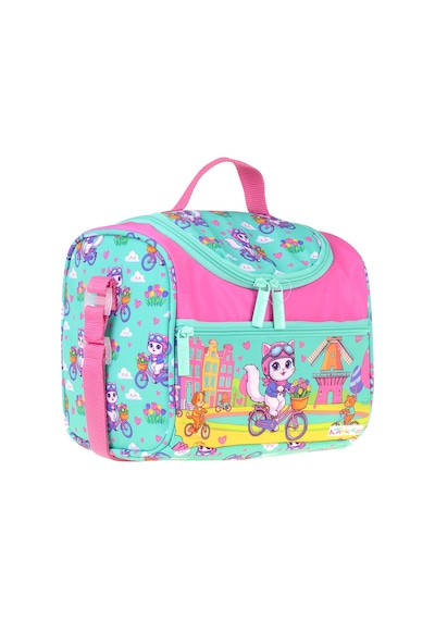 Kaukko Kids Kız Çocuk Bisikletli Kedi Baskılı Isı Yalıtımlı Okul Beslenme Çantası Yeşil - Pembe - L5329