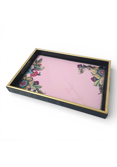 Sudedi Home Pembe Zeminli Çiçek Desenli Altın Çerçeveli Melamin Sunum Tepsisi 31x46 Cm Pembe