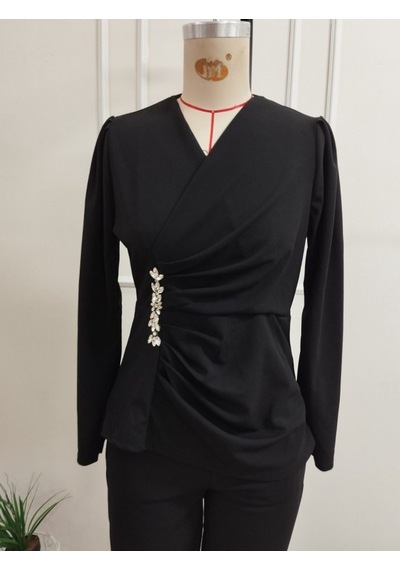 Butik İstanbul Kadın Uzun Kollu Kruvaze Yakalı Yan Tarafı Taşlı Ithal Krep Bluz Ve Pantolon Ikili Takım Siyah